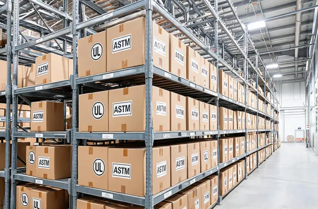 UL and ASTM marked IPG tape cartons on warehouse rack