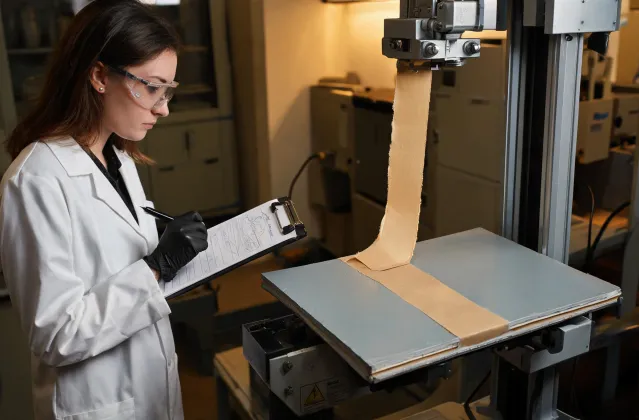 IPG technician reviewing adhesion peel tests
