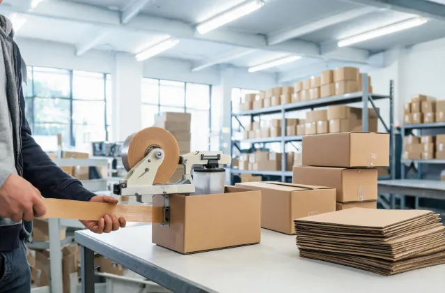 Organized warehouse packing station with IPG tape