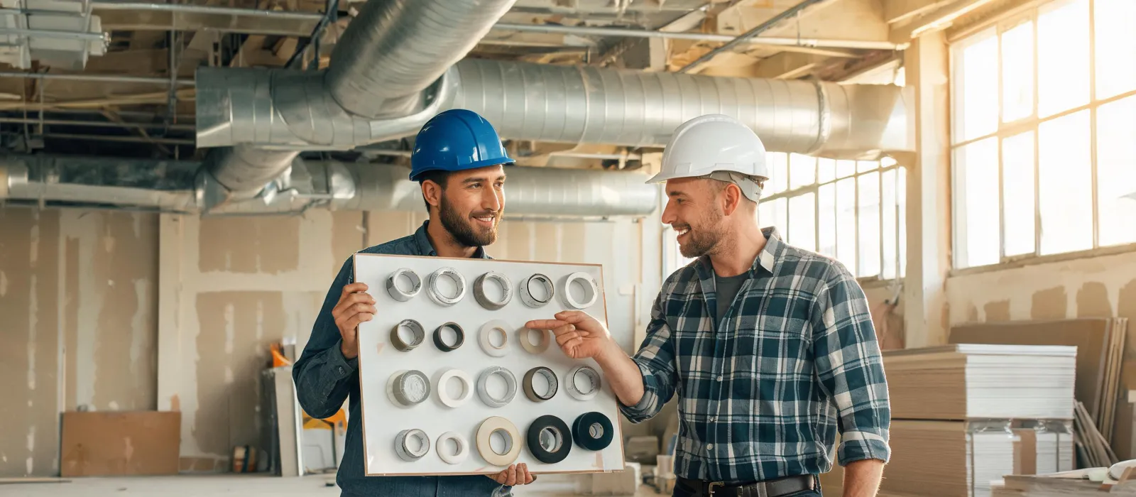 IPG specialist reviewing tape samples with contractor on jobsite